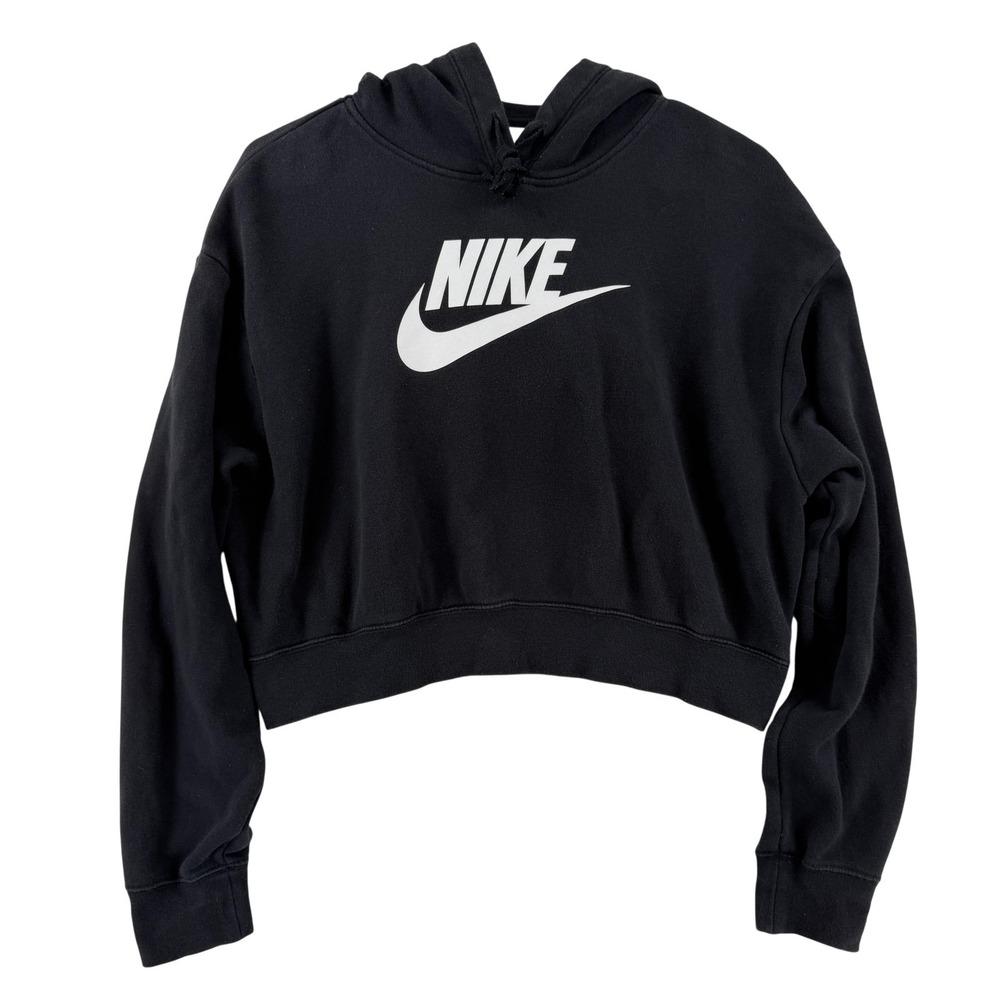 Nike Hoodie Womens Small Black Cropped Pullover Swoosh Logo Fleece Sweatshirt